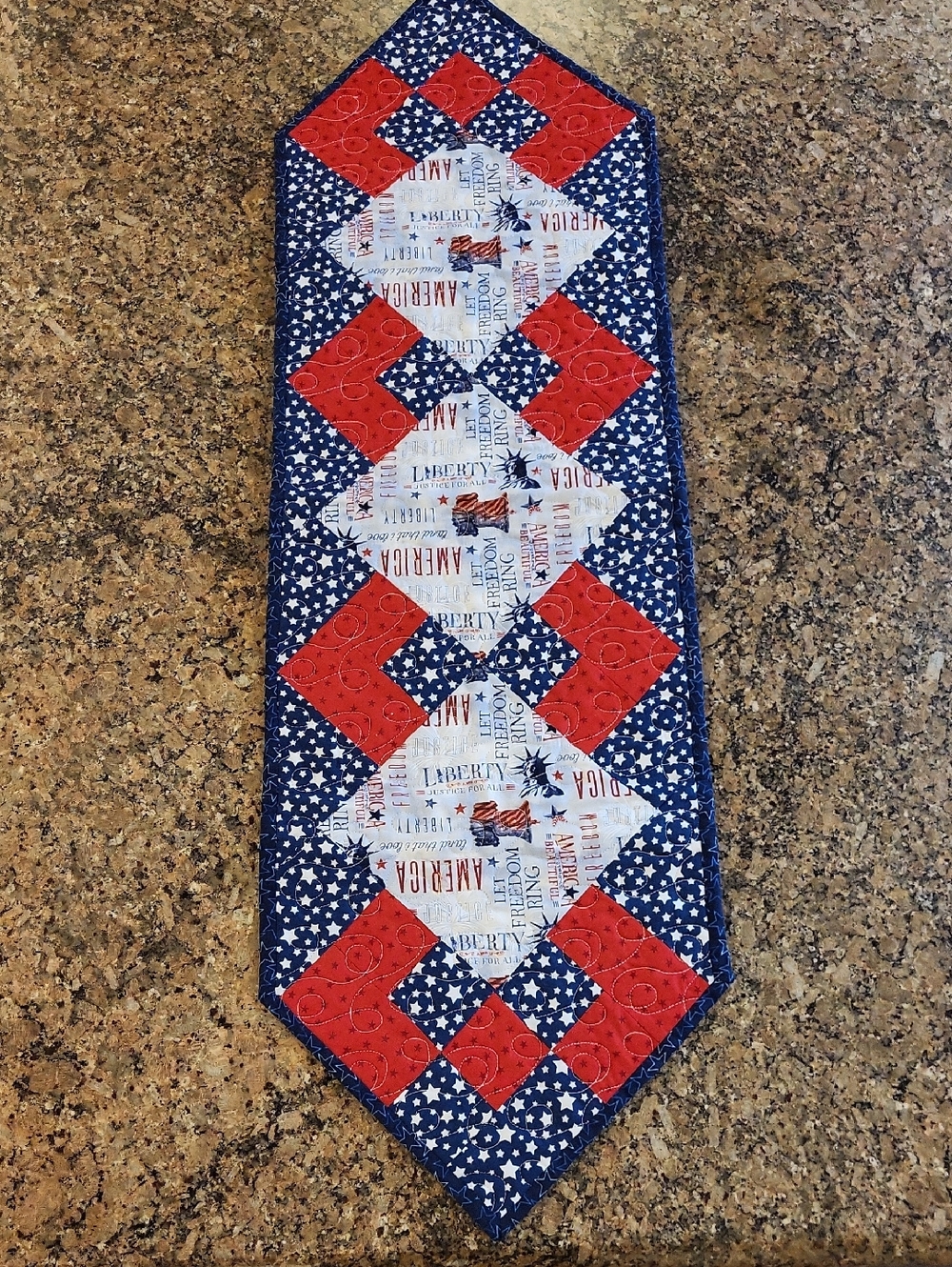 Patriotic Red, White & Blue Quilted Table Runner - Reversable